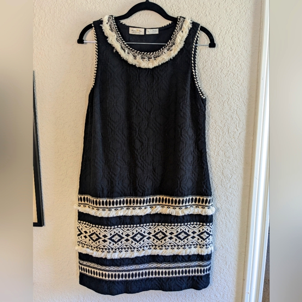 Anthropologie Embroidered Shift Dress Black with White Details 100% Cotton Boho